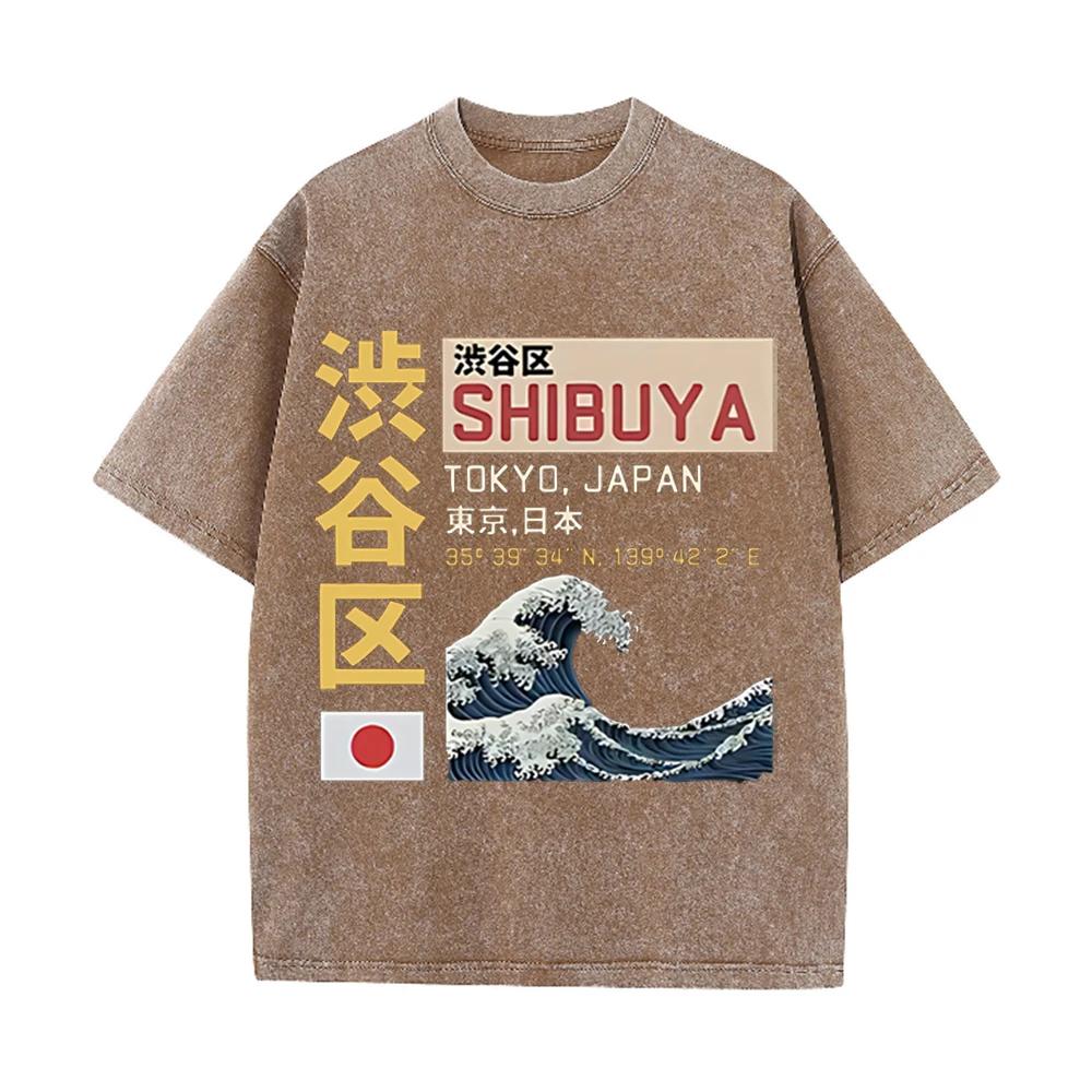2026 Shibuya Tokyo Japan Kanji Great Wave Off Kanagawa Graphic Black Acid Washed T Shirt Vintage Japanese City Coordinates Casua