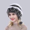 Лидер продаж, зимние женские шапки с цветами в полоску из натурального меха кролика рекса, женские теплые вязаные шапки из натурального меха, русская уличная меховая шапка