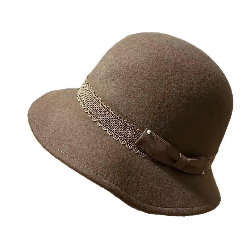 Retro small fragrant style lace edge bow pot hat lace brim bucket hat wool fashion hat show face small top hat