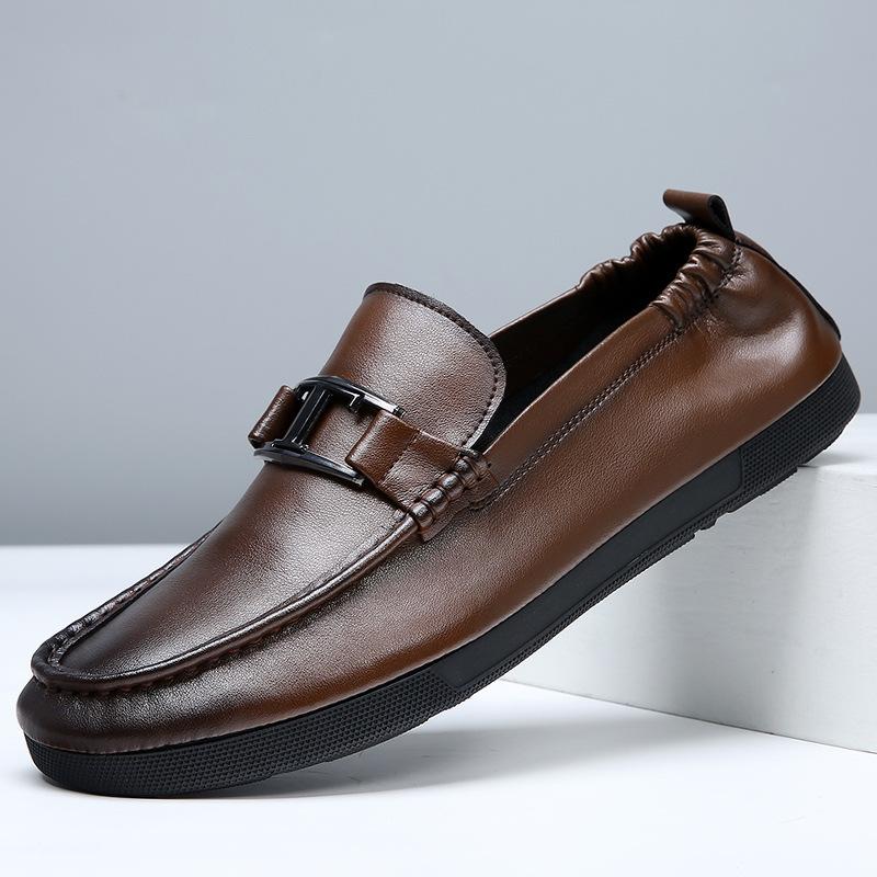 Осень 2025 новая мужская обувь кожаные туфли-бини мягкая подошва удобные дышащие повседневные лоферы обувь для вождения на одной педали