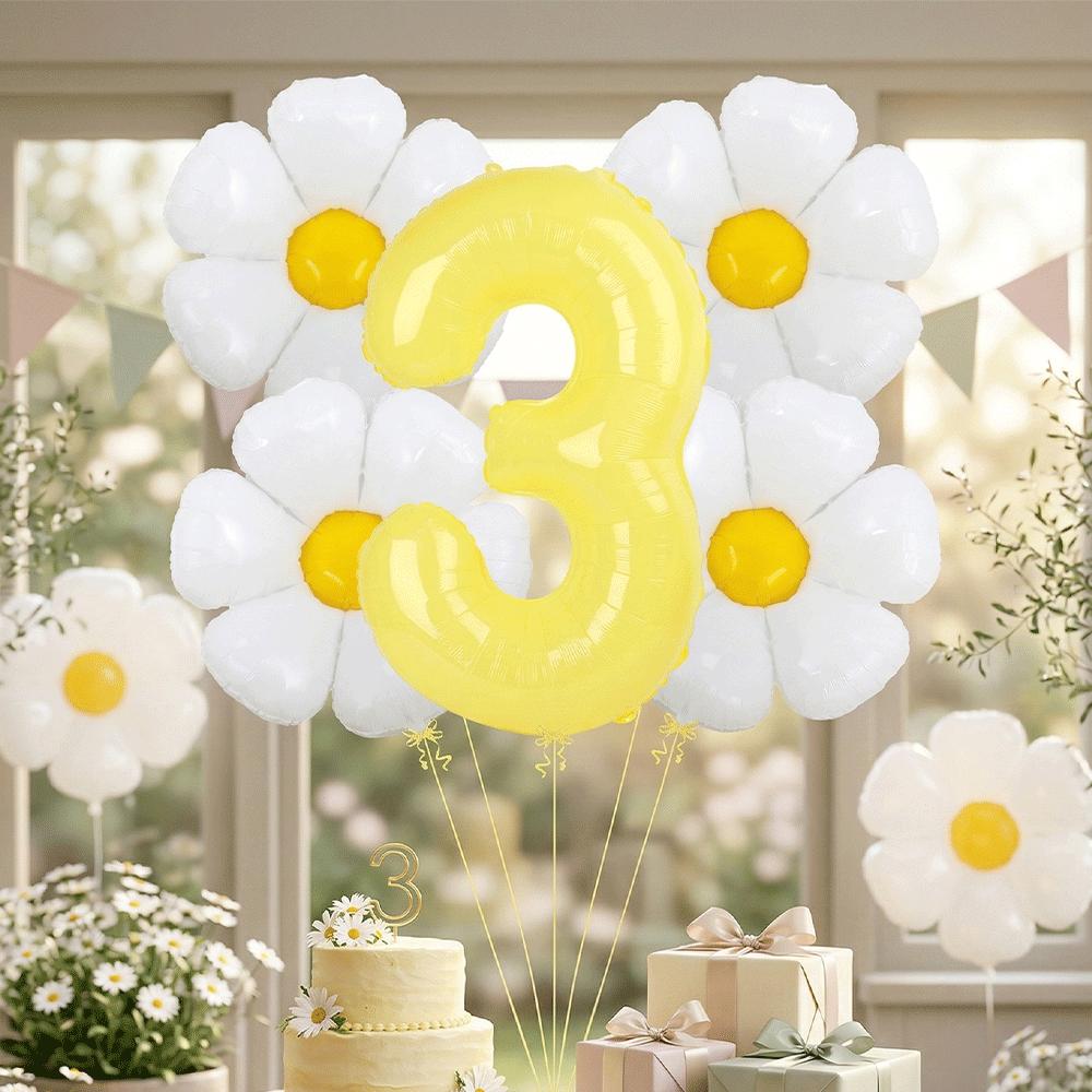 5pcs Set Daisy Foil Balloons Bouquet Yellow Number Balloon 0-9 Boho Girls Birthday Party Decorations Summer Sunshine Baby Shower