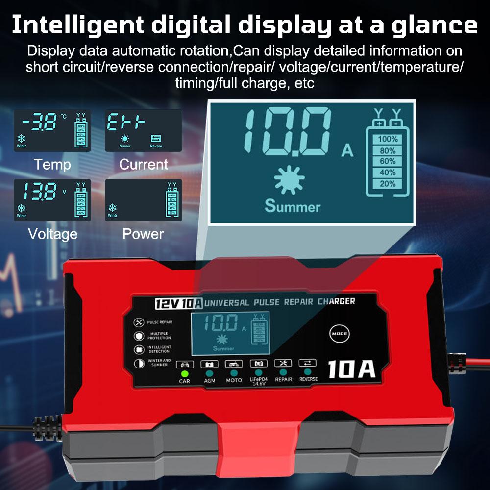 10A 12V Storage Cell Chargers For AGM GEL Lead Acid / 14.6V Iron Lithium Batteries Intelligent Pulse Repair Car Battery Charger