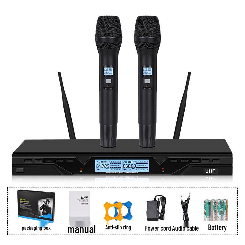 UHF Dual Metal Wireless Microphone with Adjustable Frequency and LCD Screen for Professional Entertainment Use