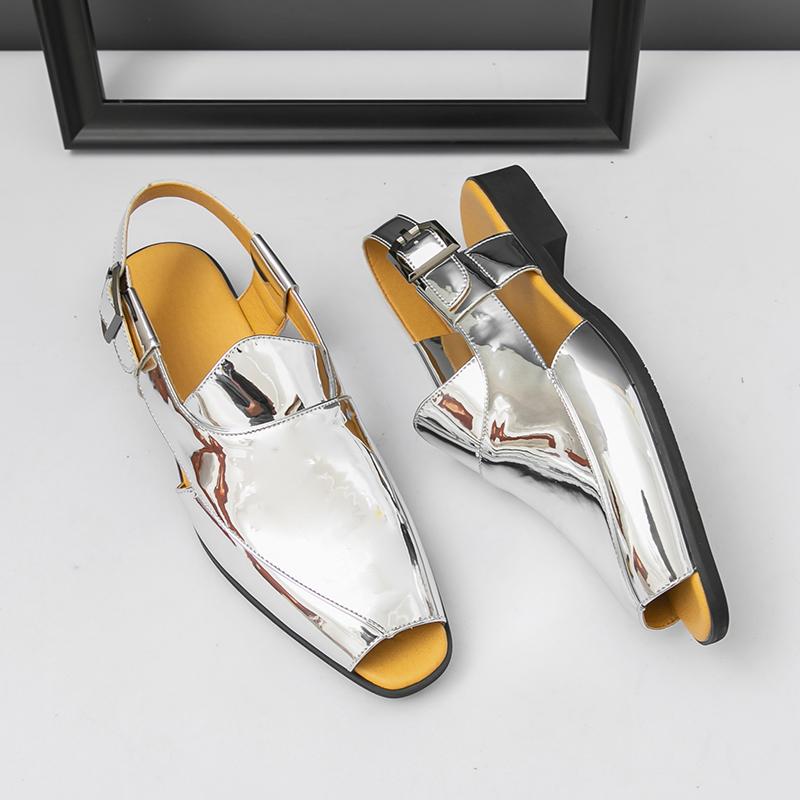 Fashion Summer Fashion Men's Gladiators Gold Silver Peep Toe Belt Buckle Leather Casual Shoes Breathable Beach Sandals Outdoor Slippers