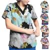 Plus Size Printed Scrub Working Uniform Tops For Women V-Neck Short Sleeve T-Shirts Workwear Tee With Pockets