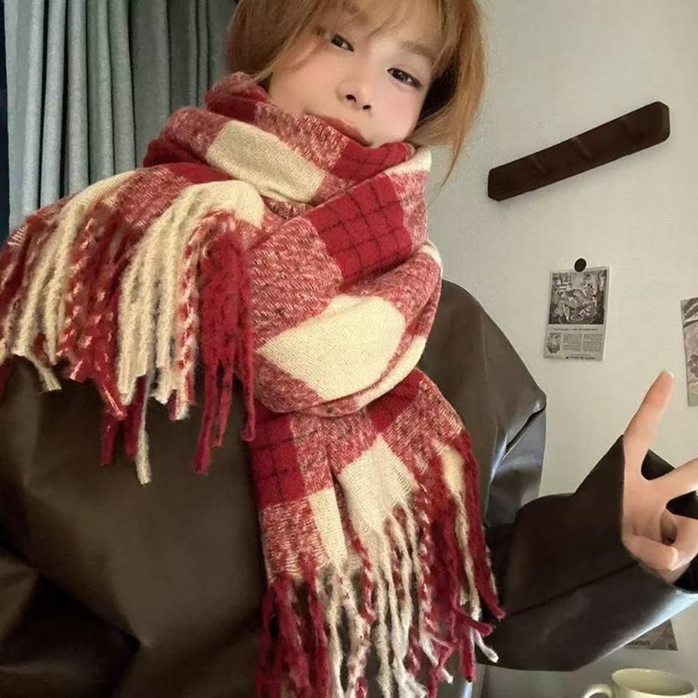 Mohair Winter Cashmere Scarves Tassel Long Shawl Retro Plaid Wool Scarf Girl