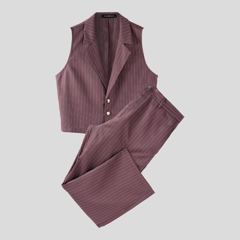 INCERUN Мужской комплект из двух предметов: безрукавный полосатый укороченный жилет и длинные прямые брюки.