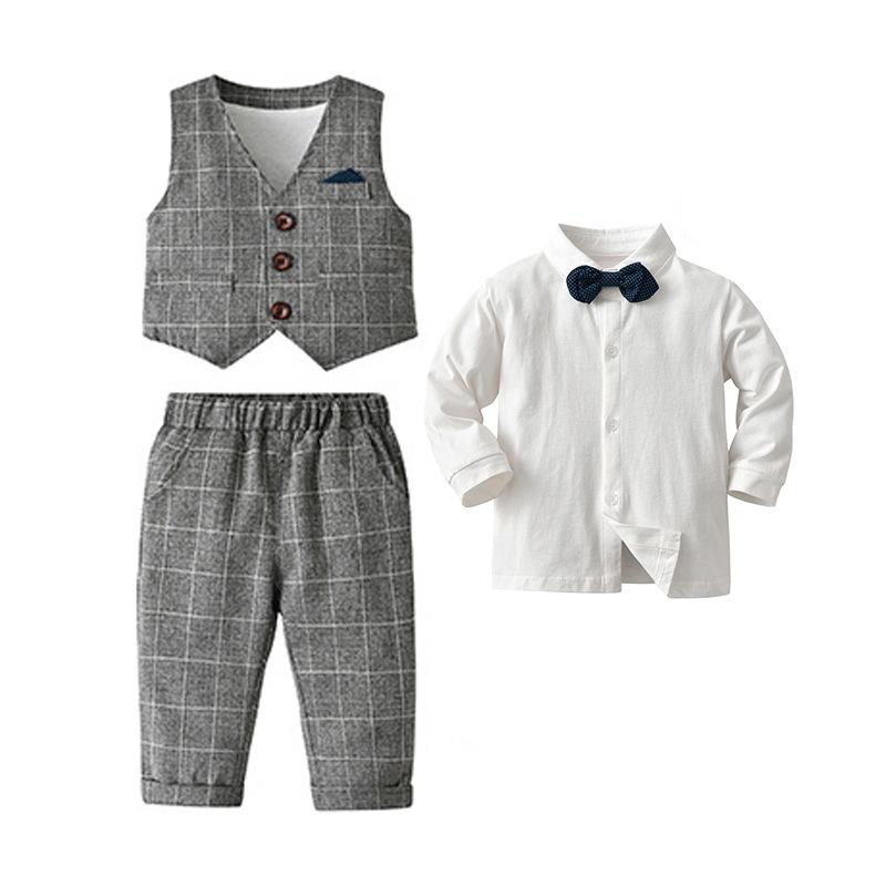 Одежда для джентльменов для маленьких мальчиков, рубашка для вечеринки по случаю дня рождения, топ с галстуком-бабочкой, жилет, брюки, костюм