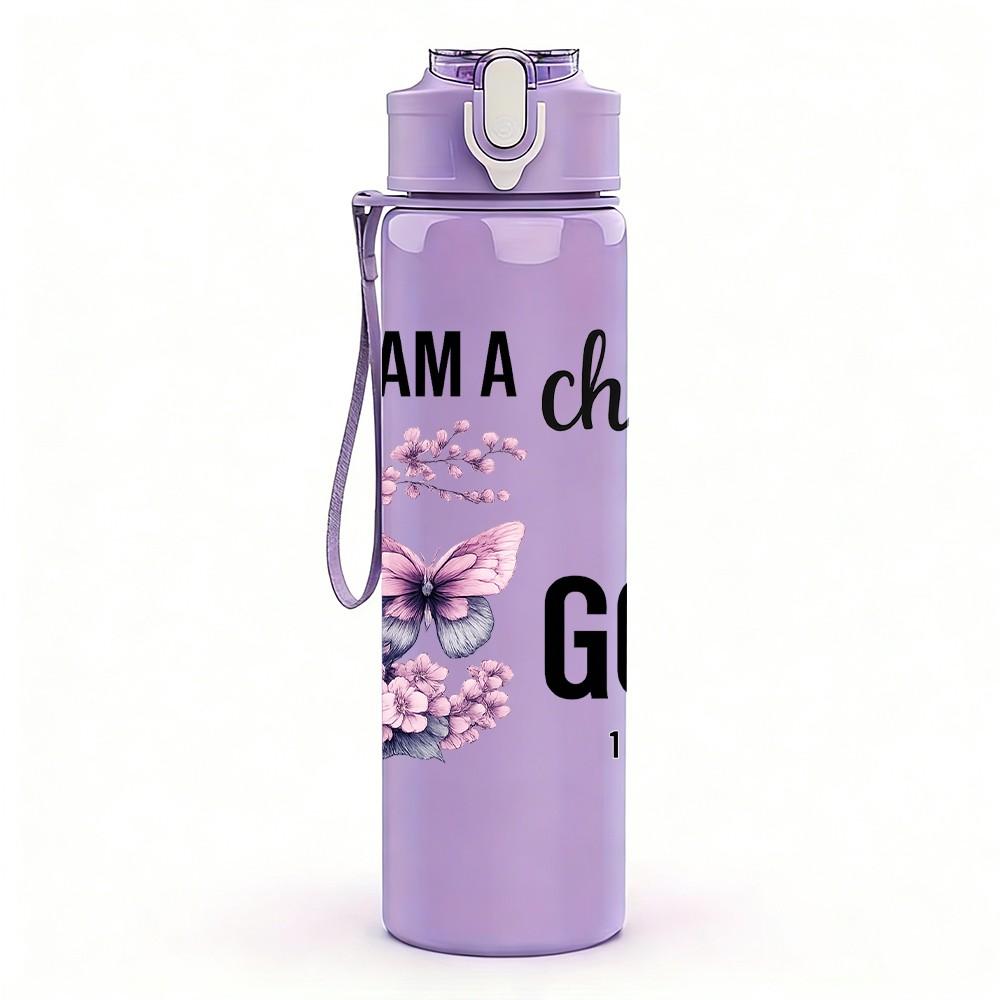 1PC I Am A Child Of God Flower Art 750ml Color Plastic Sports Water Bottle Leakproof Flip Straw Lid Suitable for Sports Office Home Use