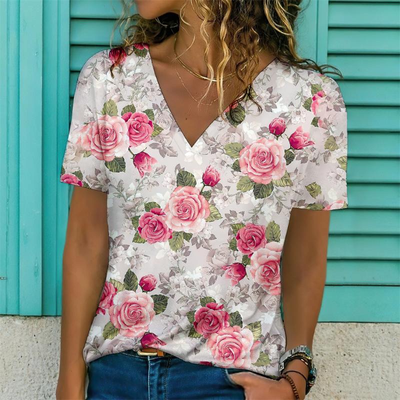 Новинка 2024 года, женская футболка с цветочным принтом, топ больших размеров, женская трендовая одежда, модная рубашка с коротким рукавом, большая блузка с v-образным вырезом