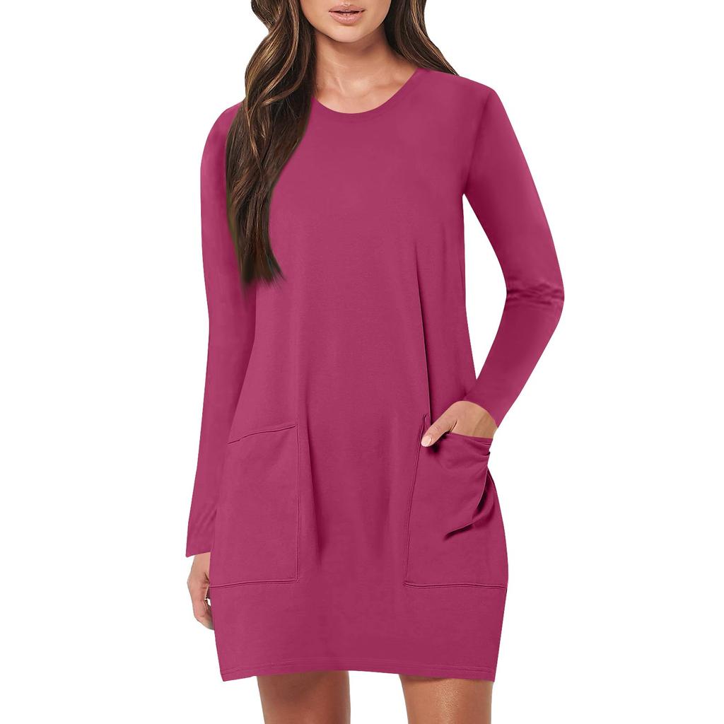 Женские модные платья с круглым вырезом и карманами средней длины для пляжного отдыха с длинным рукавом