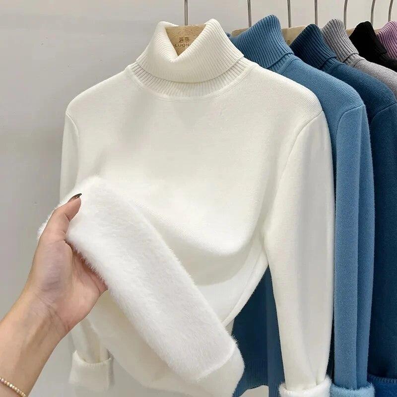 Winter Vintage Warm Thicken Sweater Women Korean Fashion Elegant Knitted Bottoming Shirt Female Solid Knitwear Casual Slim Tops 2024 New