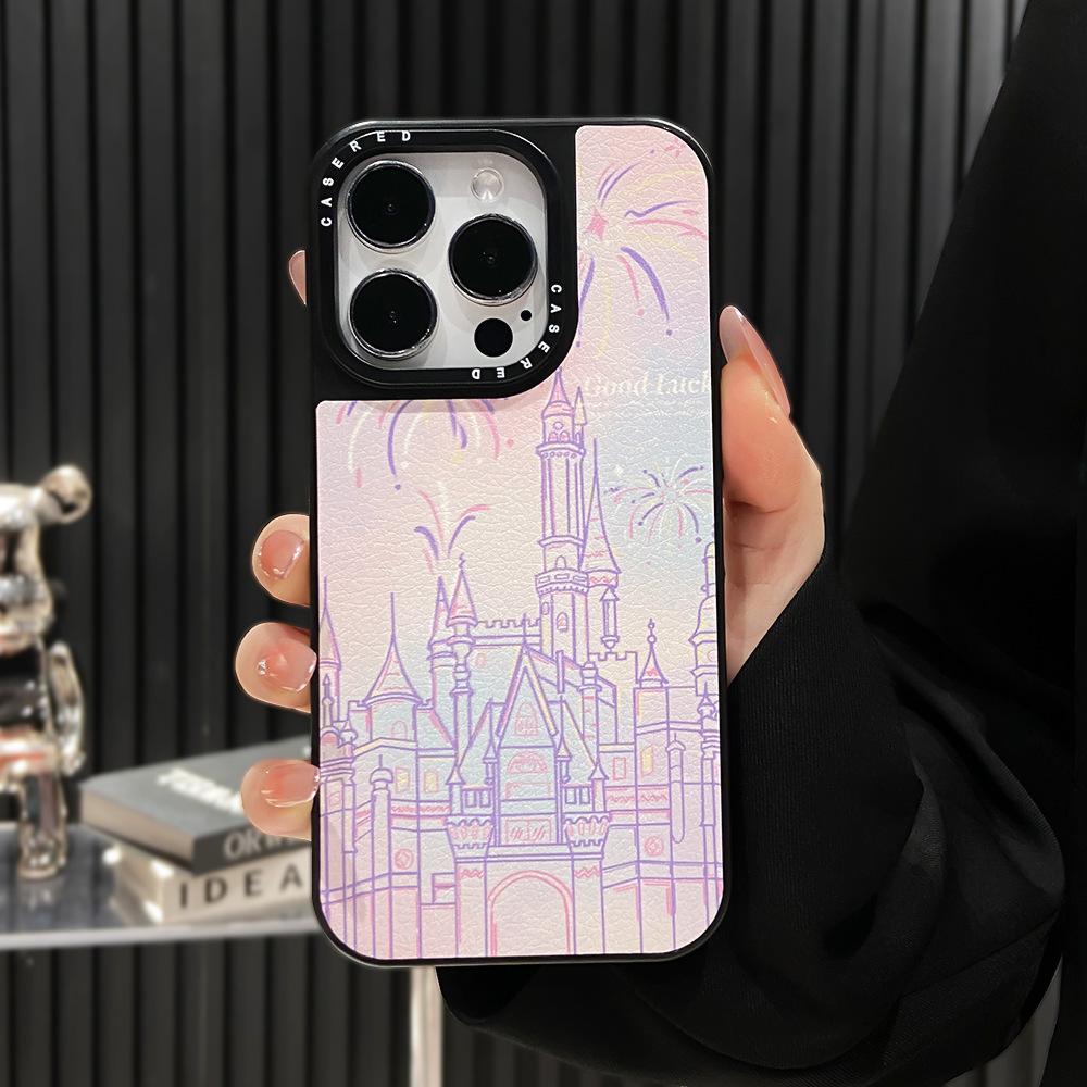 Применимый чехол для мобильного телефона iPhone16Pro в виде Замка с фейерверками Apple 15 с кожаным узором, продвинутый противоударный защитный чехол 13