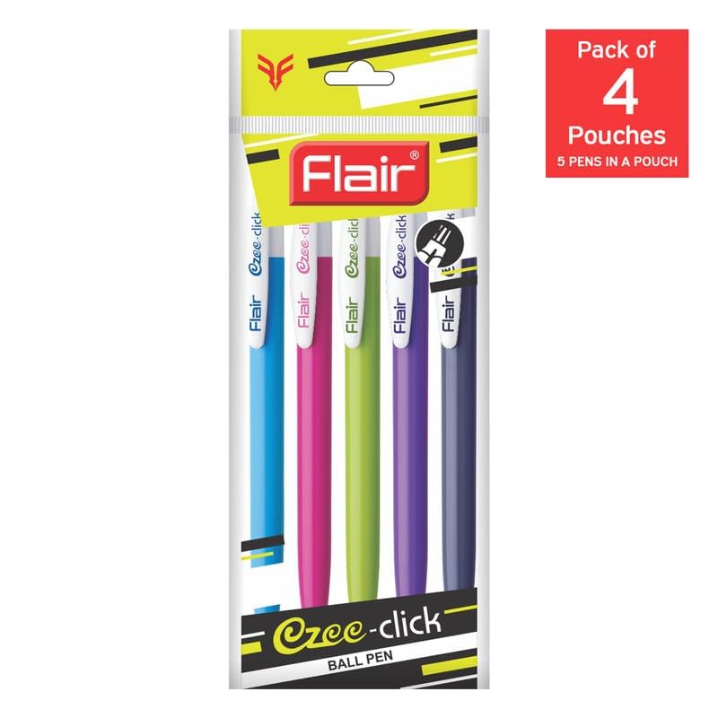 Flair Ezee Click 0,7-1 мм Шариковая ручка Упаковка-пенал Выдвижная Удобный захват Плавное письмо Синие чернила Упаковка 1 x 4 пенала всего 20 ручек