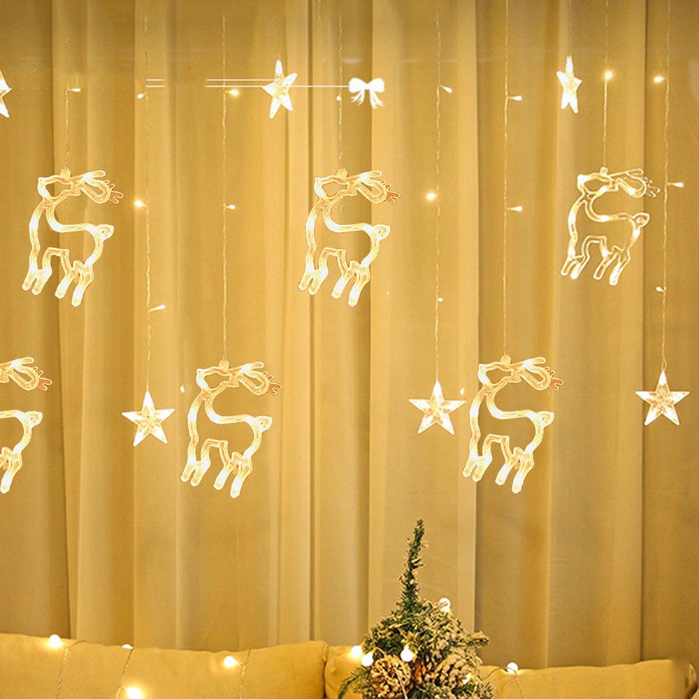Рождественские занавески на окнах, гирлянды, колокольчики, деревья, олени, звезды, фонари, батарейки