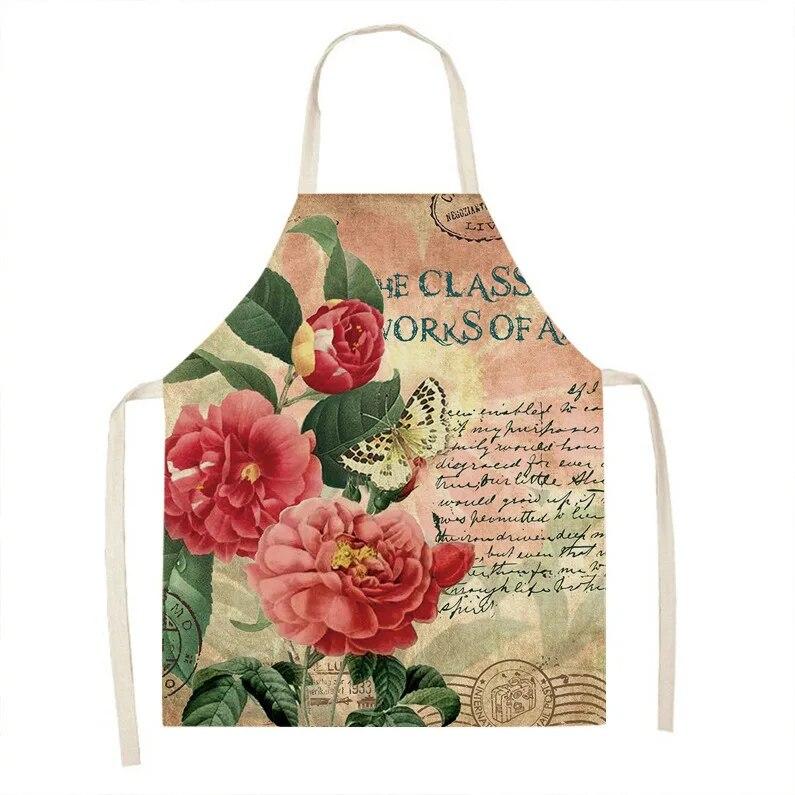 1pc Sunflower Floral Pattern Linen Apron Dinner Bib Kitchen Cooking Baking Apron Anti-Stain Cleaning Tool Unisex