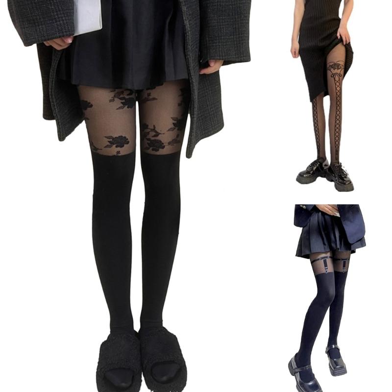 Women Jacquard Pattern Patchwork Mock Suspender Tights Sexy Faux Thigh High Socks JK Girls Black Pantyhose Stockings