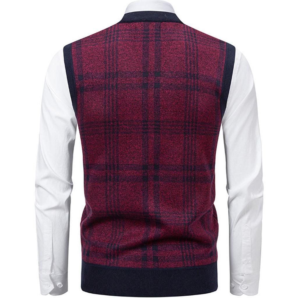 Men's Winter Fleece-Lined Plaid Vest, Pullover, Loose-Fitting Men's Sleeveless Sweater Vest