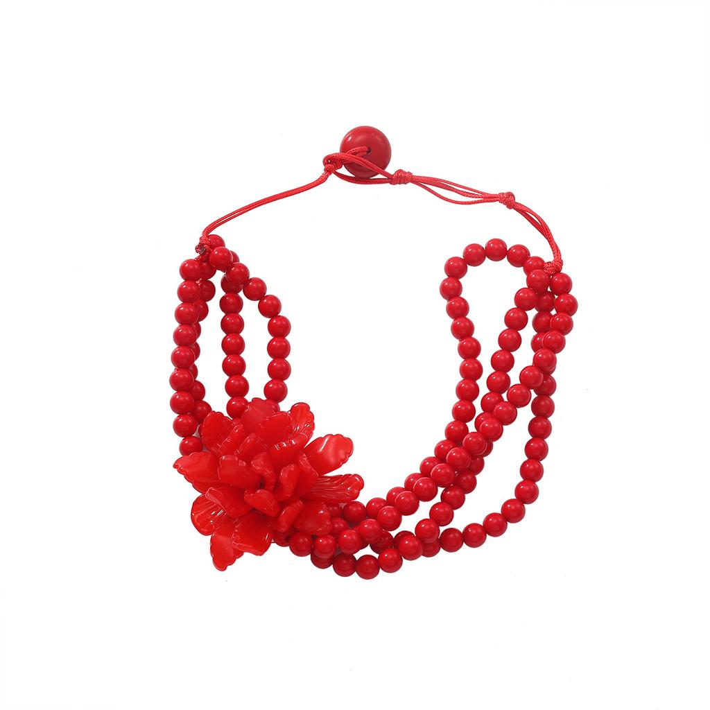 Women's Exaggerated European American Multi-Layer Bead Red Large Flower Necklace Simple Niche Design Jewelry Accessory