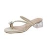Set of Toe Cool Slippers Spring New Mid-heeled Sandals Wearing Flower Rhinestone Thick Heel Cool Slippers Large Size Women