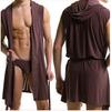 European Style Men's Sleeveless Silky Hooded Bathrobe Pajamas