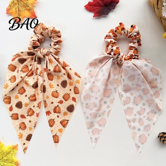 Elastic Hair Bands for Thick Fall Pumpkin Maple Leaf Tie Women, Bow Knot Ribbon Ponytail Skin Friendly Fabric Ties Holder, Soft Accessory Thanksgiving