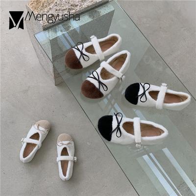 Модные зимние теплые плюшевые туфли Мэри Джейн женские меховые мокасины с пряжкой на ремне разноцветные мокасины из овчины с бабочкой на меху женские балетки