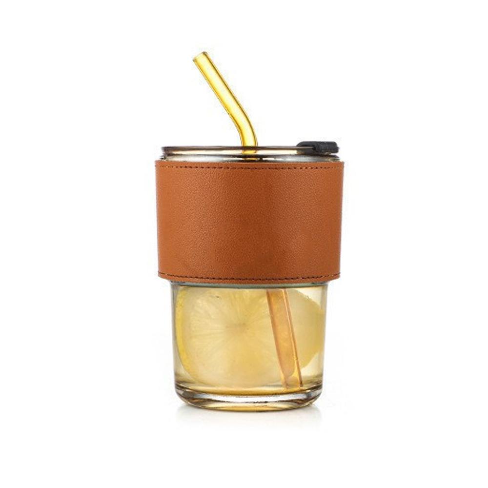 400mL Glass Cup Heat Resistant Glass Straw With Cover Coffee Cup Leak Proof Cup Tea Cup Leather Cup Set Tableware Mug