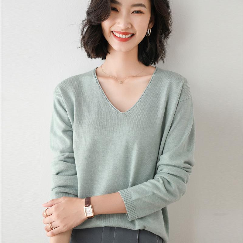 Модный корейский женский свободный пуловер с V-образным вырезом, однотонный свитер, осенне-зимний трикотажный базовый лонгслив, свитера большого размера