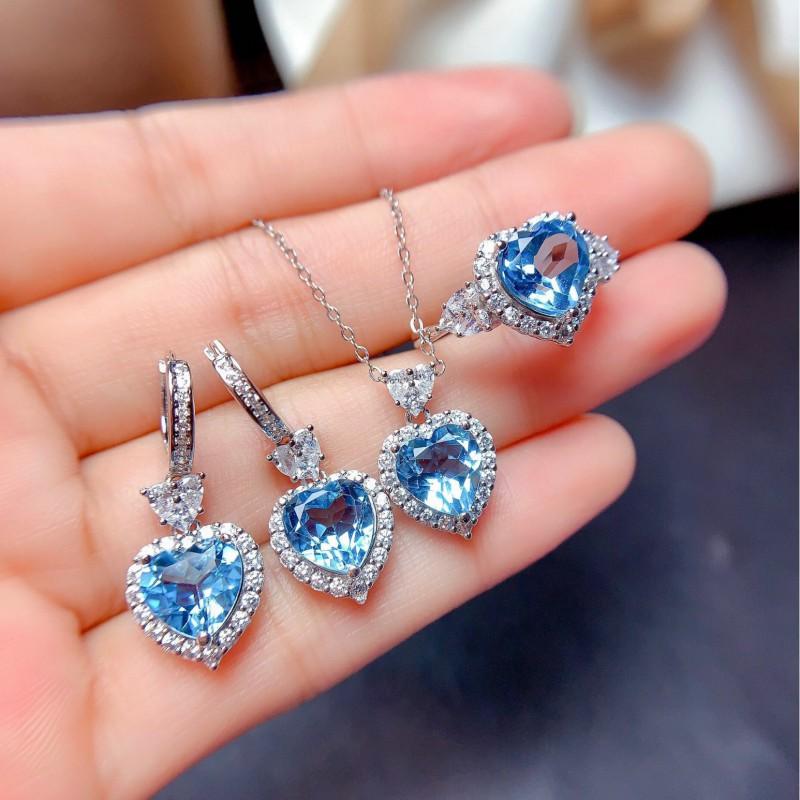 Elegant CZ Gemstone Pendant Necklace Set With Earrings Ring Women Blue Red Yellow Green Purple White Zircon Jewelry