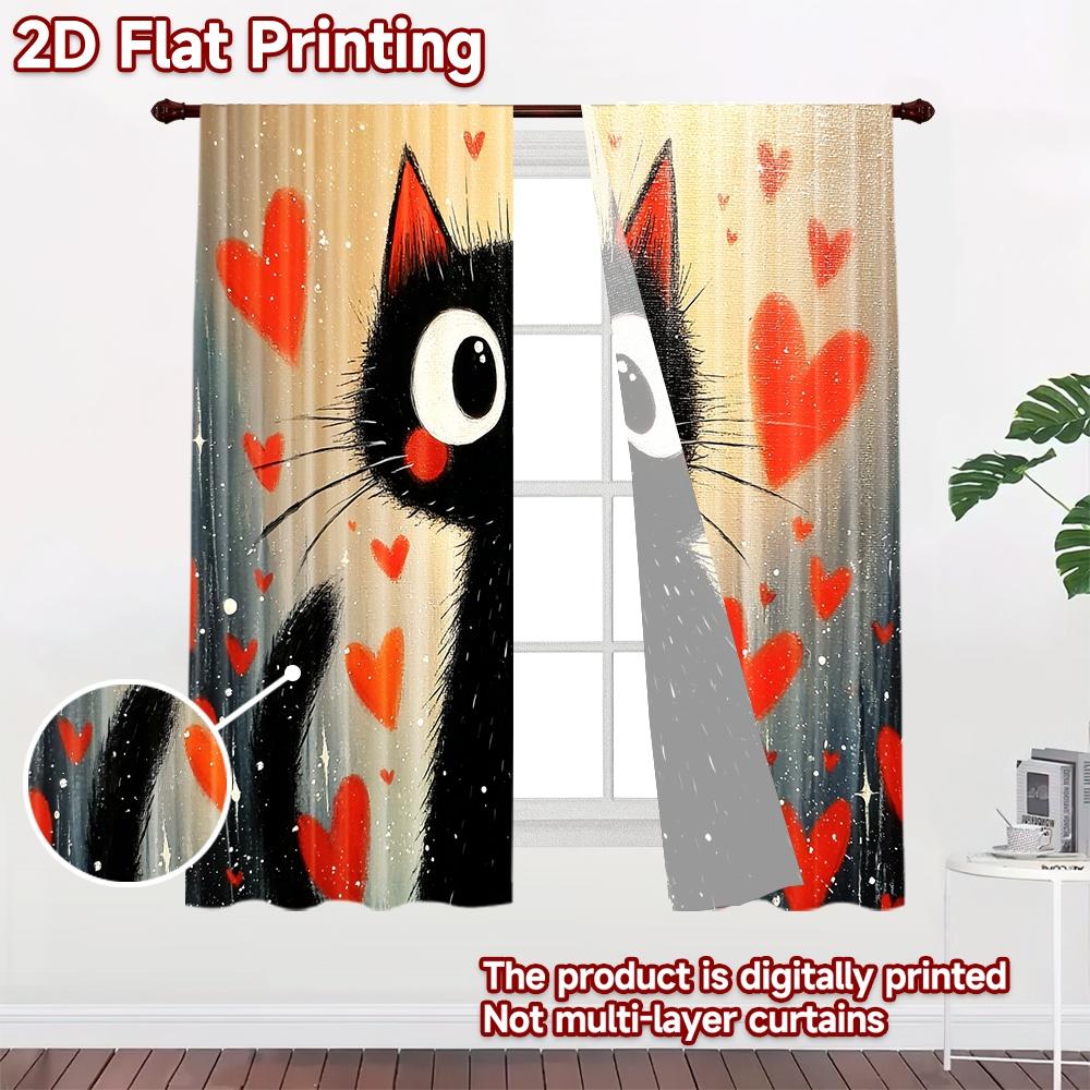 2D плоская печать 2 шт. Праздничные оконные шторы Черная кошка Сердца Цифровая печать Полиэстеровые занавески Праздничные шторы Использовать для домашней стены