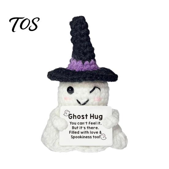 Whimsical Witch Hat Pumpkin Doll Hand Knitted Halloween Ghost Ornament, Crochet Plush with Adorable Holiday Party Favor Encouragement Card,