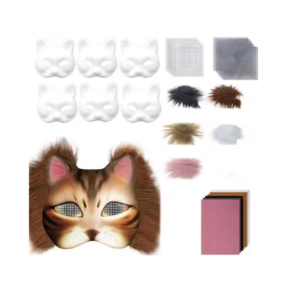 DIY Therian Mask Kit with Felt Fabric Sheet Plush Faux Fur Eye Mesh Blank Cat Mask Blank Animal Dress Up Mask for Boys Girls