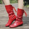 Women's Red Boots Spring Autumn Casual Back Lace Up Mid-calf Boots for Women Pleated Low Heel Pu Leather Botas Femininas Large