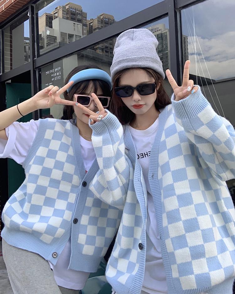 Корейский стиль, клетчатый кардиган большого размера, свитер, женский винтажный вязаный жакет в клетку, модный джемпер с длинными рукавами, женский