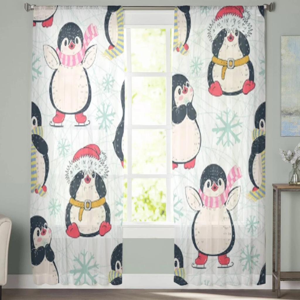 Прозрачные шторы с милыми пингвинами, нарисованные вручную, для гостиной, детской спальни, тюлевые шторы, кухонные шторы для окон