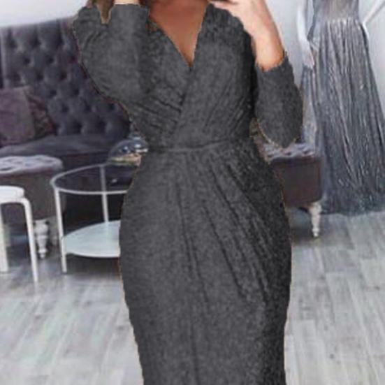 Женское вечернее платье с глубоким V-образным вырезом, декором из пайеток, длинными рукавами, эластичным поясом, плиссированным разрезом по низу, однотонное, для торжественных случаев, свадебных вечеринок, выпускного вечера, макси-платье