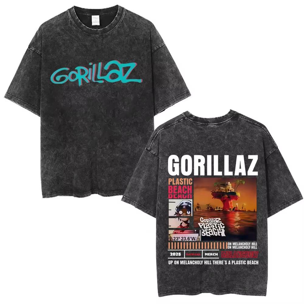 Washed Vintage Rock Band Gorillaz Album Graphic T-shirt Men's Women Hip Hop Fashion Oversized T Shirts Male Cotton Streetwear