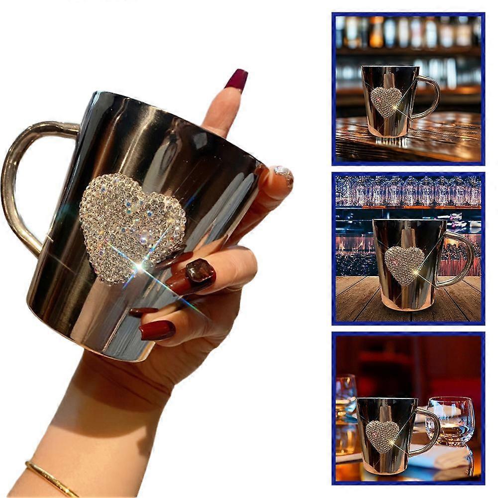 Heart-Shaped Crystal Rhinestone Stainless Steel Coffee Beer Mug with Handl