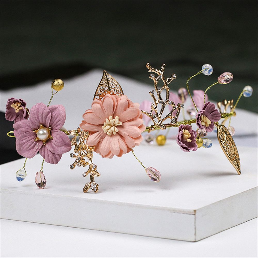 Hair Jewelry Headpiece Crown Purple Flower Tiara Pearl Hair Band Bride Headwear Headdress