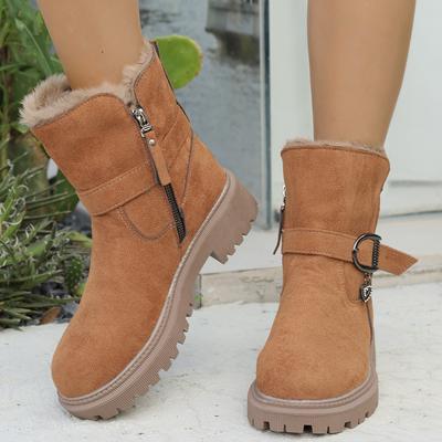 Взрыв внешней торговли толстоподошвенные зимние сапоги женские новые зимние теплые с начесом утолщенные с ремешком и пряжкой боковая молния круглый носок короткие сапоги