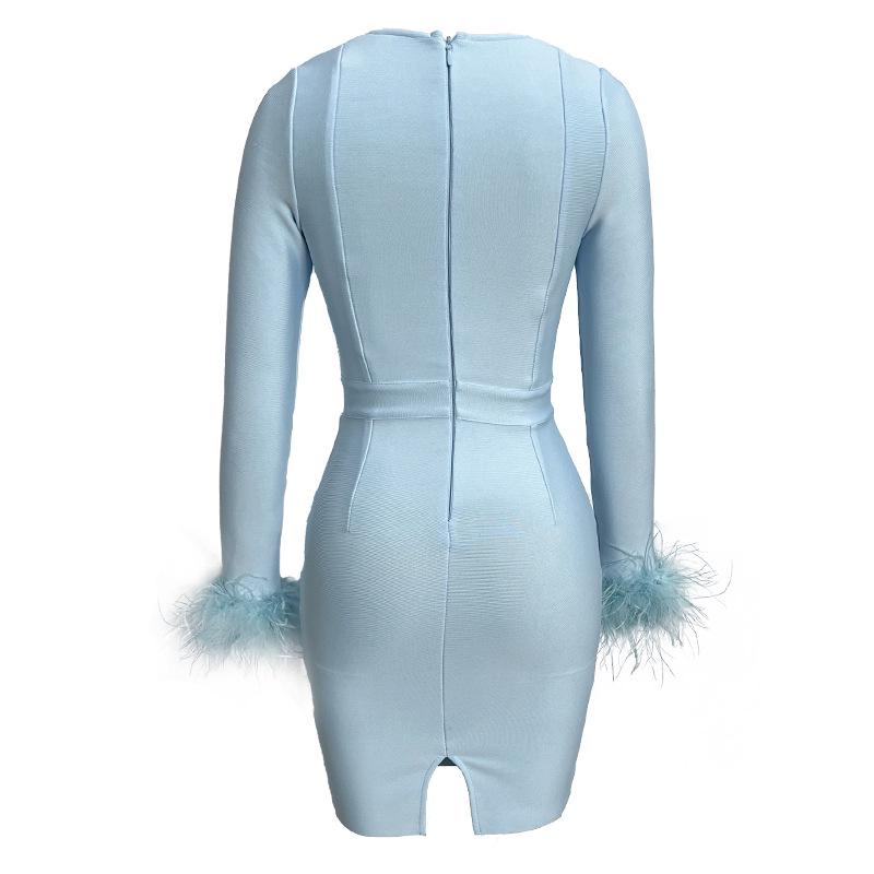 Новое вечернее платье с длинным рукавом и перьями в европейском и американском стиле с бандажной отделкой