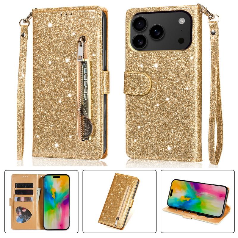 Кожаный кошелек-книжка со стразами и молнией для iPhone 17 Pro Max, роскошный чехол с отделениями для карт и держателем для телефона для iPhone 16 15 14 Pro Max 13 12 11
