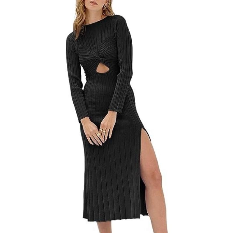 Осенне-зимнее женское платье-свитер с полым круглым вырезом, однотонные открытые трикотажные платья с длинными рукавами