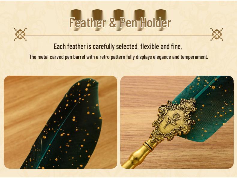 British Style Gold Splatter Feather Pen Set with Custom Logo - Ink Dipping Set, Birthday Gift