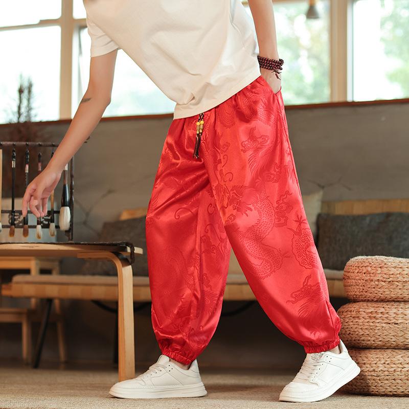 Outdoor Pants Men Lce Silk Dragon Dark Flower Loose Bloomers Wide Leg Casual Trousers Male
