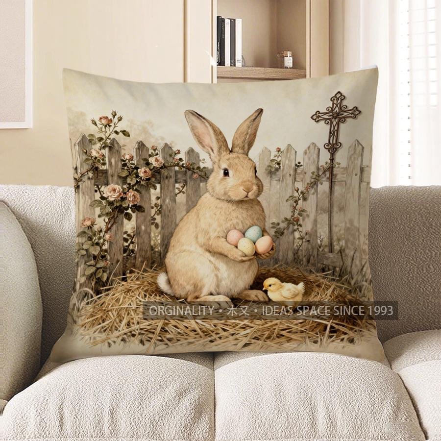 2D Кролик с яйцами и крестом Пасхальная тематика Подушка Чехол для подушки Подходит для дивана Спальни Автомобиля Чехол для подушки