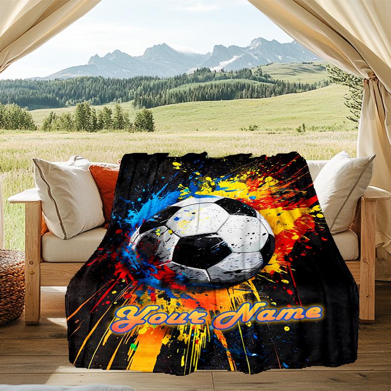 1PC Custom Name Soccer Splash Art" outdooor Flannel blankets Patterns Throw Blanket All-Season Soft Gift for Couch, Bed, Camping gifts