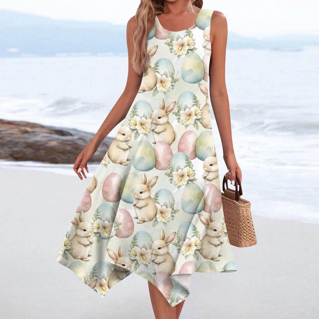 Women's Casual Fashion Round Neck Sleeveless Print Irregular Hem Midi Dress