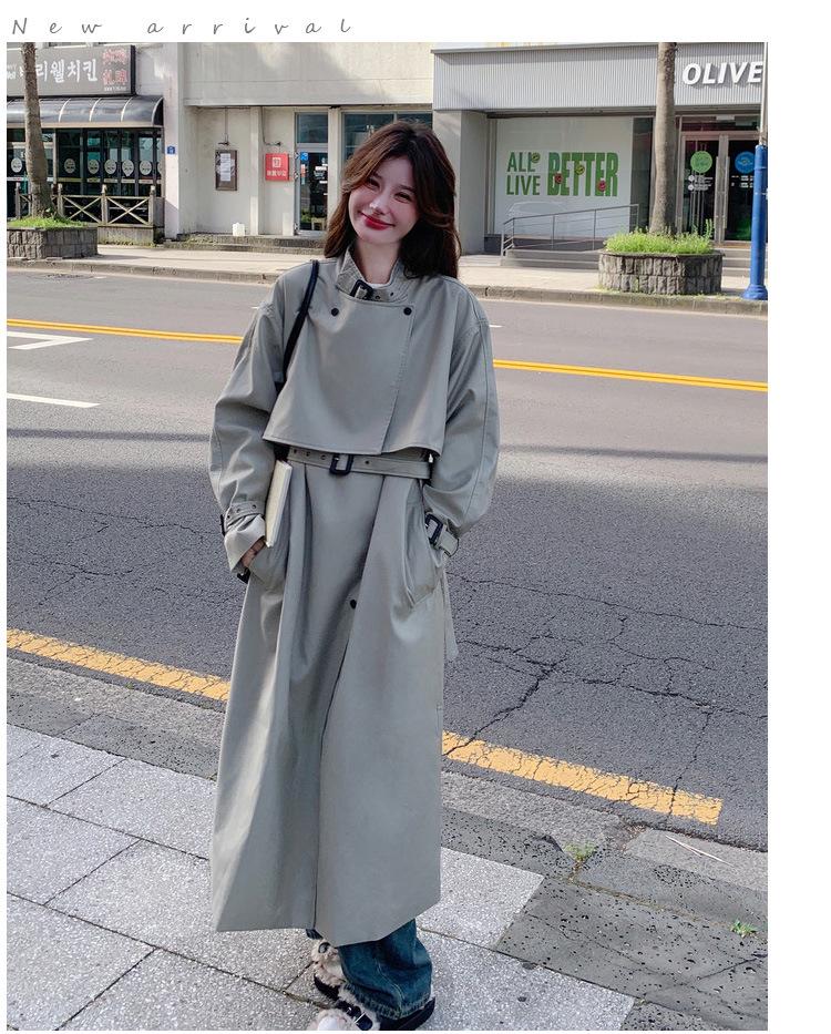 Women's Korean-Style Gray-Green Windbreaker Jacket, Autumn 2024 High-End Mid-Length Coat